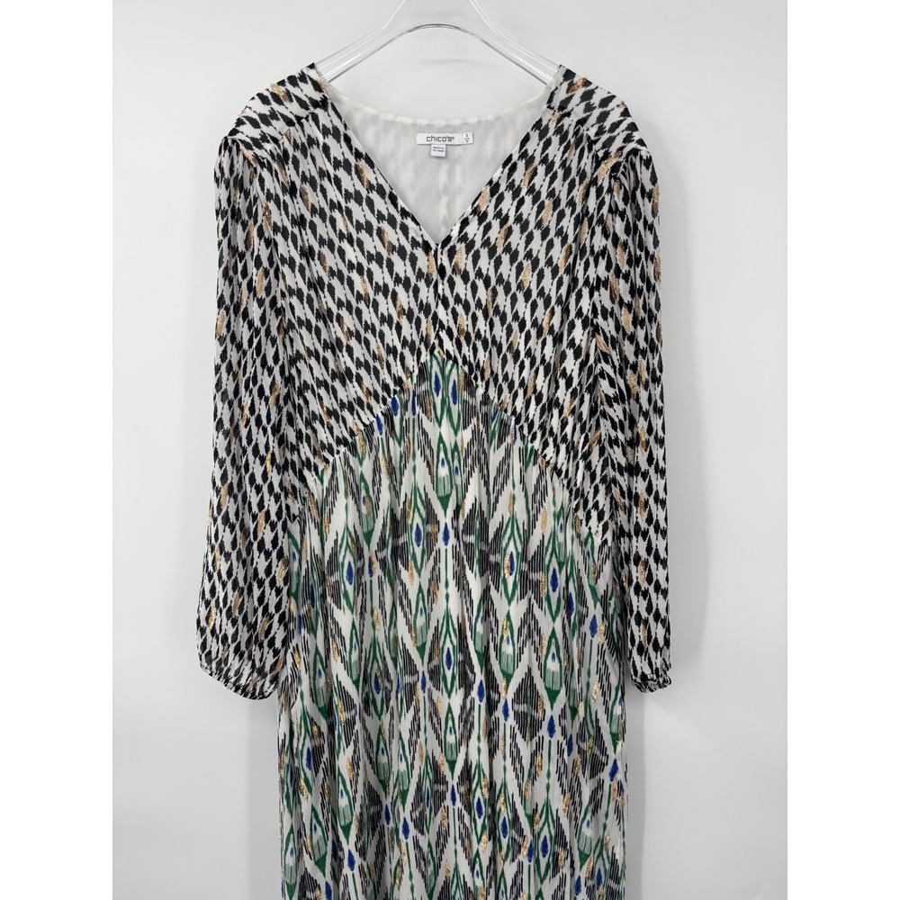 Chico's Maxi Dress Metallic Womens 3X Plus Aztec Midi Long Sleeve V-Neck - Picture 2 of 11